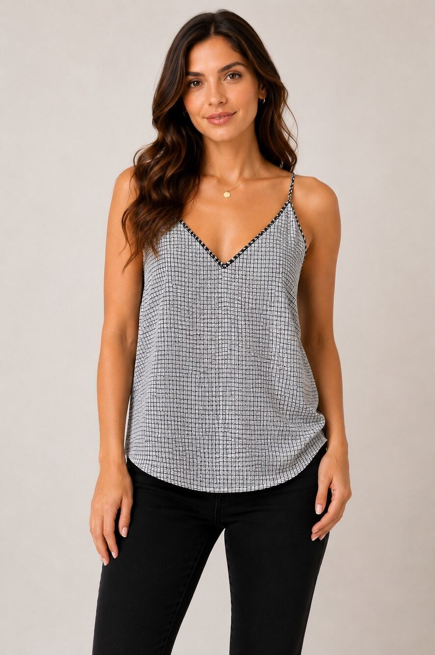 7 For All Mankind Black & White Crosshatch Double V-Neck Silk Cami | Size M